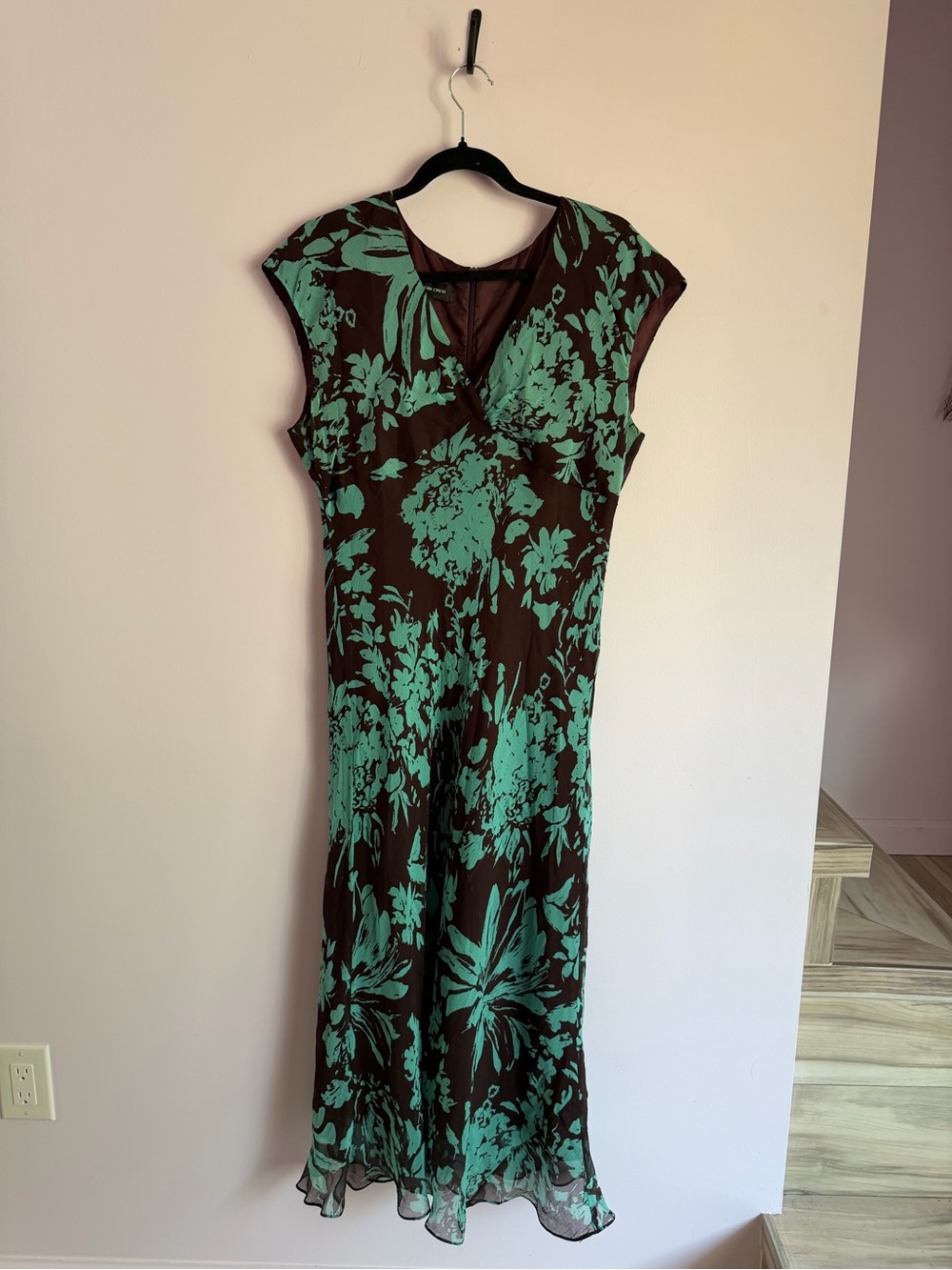 Y2K Jones NY Silk Teal Floral Brown Maxi Dress Bias Cut Wedding Holiday 16